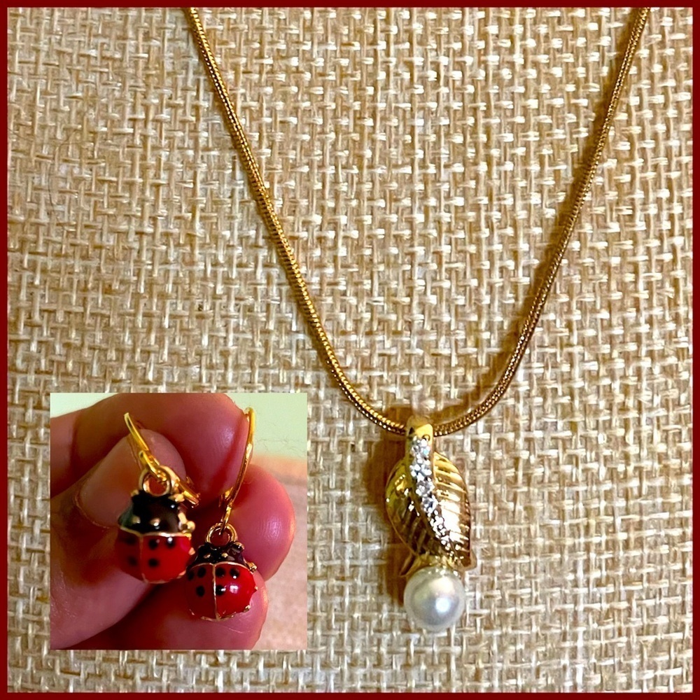 Elegant Gold Necklace with Pearl Pendant and ladybird earrings